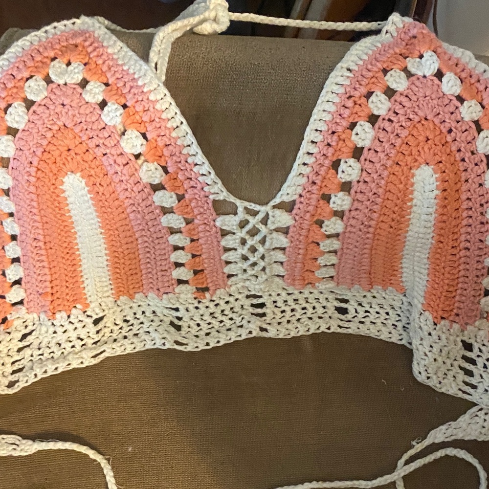 SHEIN Crochet Halter Top in Pink and White